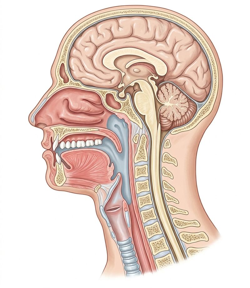 A side view cut down the middle of an adult head and neck, the brain above: the nasal cavity and mouth, the throat leading down past the epiglottis and voice box into the trachea, and the esophagus and neck bones behind it, with numbered labels; names follow.