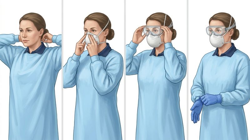 The same EMT puts on PPE in four steps: tying an isolation gown at the neck, molding the nose strip of an N95 respirator with both hands, settling clear goggles over her eyes, and pulling nitrile gloves up over the gown cuffs.