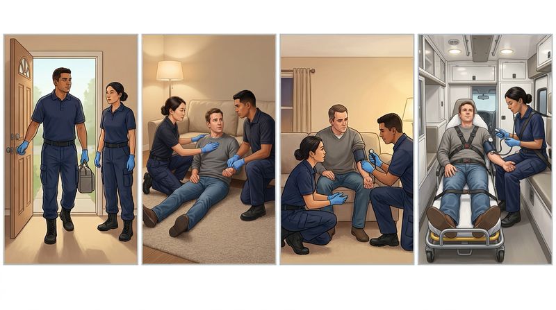 Four panels with the same two EMTs and the same patient: the EMTs pause at a living-room door to size up the scene; they kneel beside him as he sits awake on the floor, one hand on his chest and one on his wrist pulse, checking for life threats; one talks with him on the sofa while the other takes his blood pressure; in the ambulance, with the patient secured by shoulder straps and straps across his chest, hips and thighs, one EMT, belted into her seat, rechecks his blood pressure.